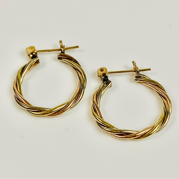 14K Tri-Color Small Twisted Hoop Earrings - Picture 3 of 12